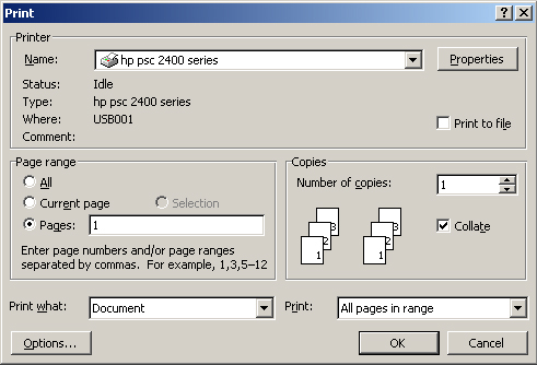 Print dialog box with 1 entered as Page range.