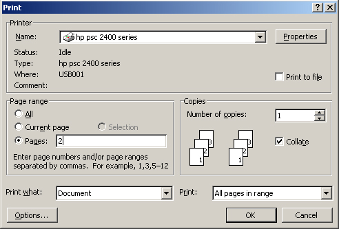 Print dialog box with 1 entered as Page range.
